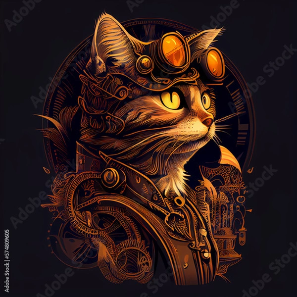 Fototapeta Cat in steampunk style, AI Generated