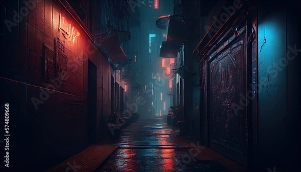 Fototapeta 3D rendered computer generated image of a futuristic neo cyberpunk urban alleyway. Bright blue light in empty alley with no people. Inner city buildings and modern architecture look and feel