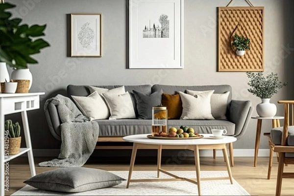 Fototapeta A stylish carpet, gray sofa with a design, wooden coffee table, beige side table, pillows, and personal items compose a creative living room décor. Elegant decor. Template. Generative AI