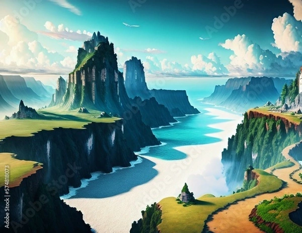 Fototapeta landscape art of tall cliffs overlooking an ocean of water, a blue sky and white fluffy clouds