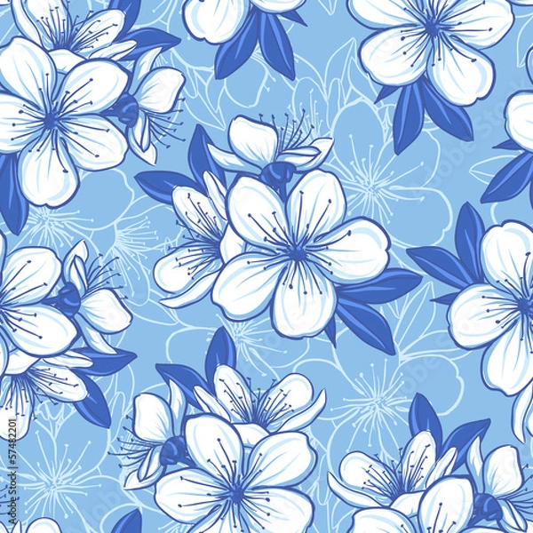 Fototapeta Seamless pattern with blue flowers