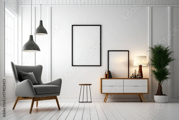 Fototapeta Interior wall mockup of a contemporary room with a chair and decorations in front of a white wall. Generative AI