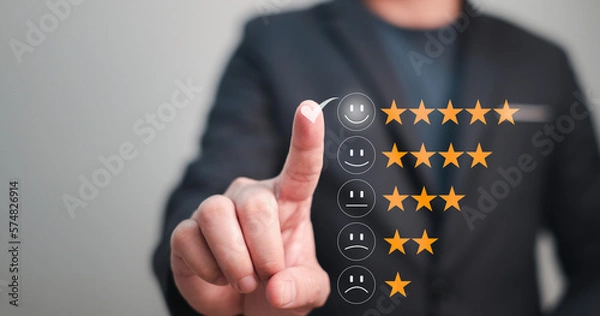 Fototapeta customer satisfaction, businessman point out 5 stars score for giving an opinion that he is satisfied with service and performance