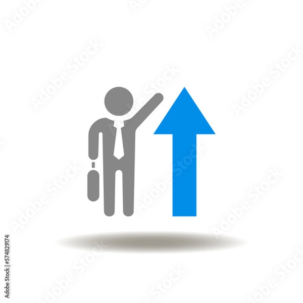 Obraz Vector illustration of businessman holding a hand up and arrow up. Symbol of CRM Customers Relationship Management. Icon of business finance growth. Sign of career.