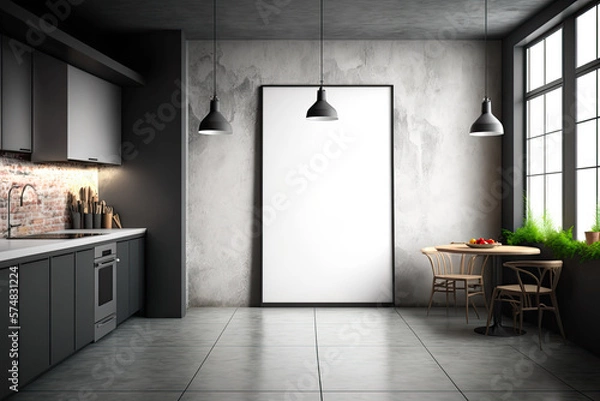 Fototapeta Undefined interior of a new kitchen with a blank poster on a concrete wall. Concept for an ad. a mockup. Generative AI