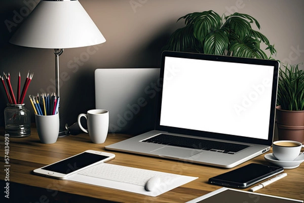 Fototapeta Creative designer desk with blank laptop screen, smartphone, coffee cup, table lamp, plant, books, and pencils on wooden wall background. Mockup. Generative AI