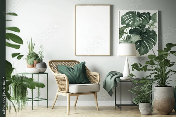 Fototapeta Rattan chairs, flowers, and a poster mock-up in a home,. Generative AI