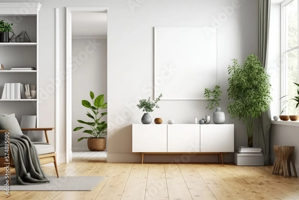 Fototapeta Bright living room interior with sideboard, bookshelves, carpet, and parquet floor made of oak wood. Idea for a calm and relaxing minimalist design. a mockup. Generative AI