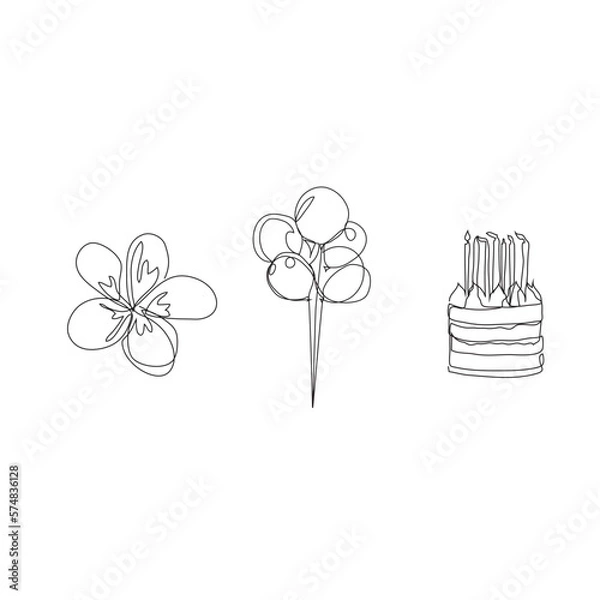Obraz Single Line Drawing - Hand Drawn Art of Flower, Birthday Balloons and Bday Cake
