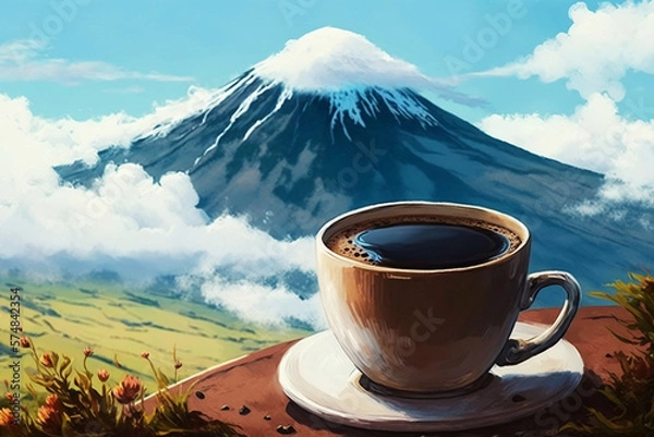 Obraz A cup of coffee in mountain landscape background. Ai generated