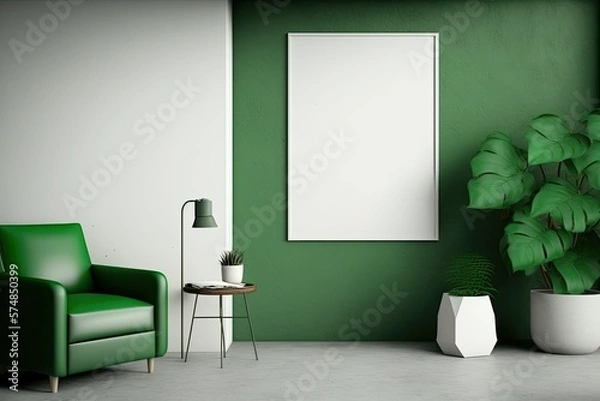 Fototapeta Vertical blank poster on green concrete wall in modern living room with green leather sofa, armchair, floor lamp, and branches in vase on wooden coffee table. illustration. Generative AI