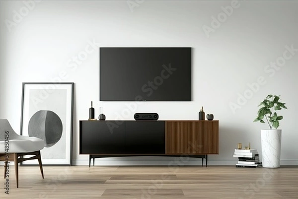 Fototapeta Panoramic white living room with a black and wooden cabinet with a fake TV screen and dark wooden floor. Closeup. mockup. Generative AI