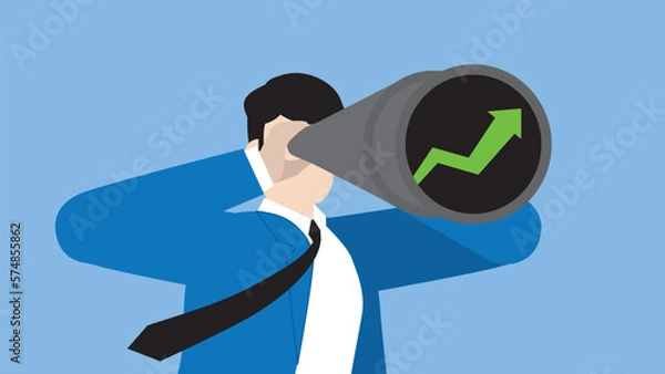 Obraz A businessman uses a telescope to look for a green graph, business solution, problem-solving from the financial crisis, economic downturn, Global recession, inflation, bankruptcy, and failure concept.