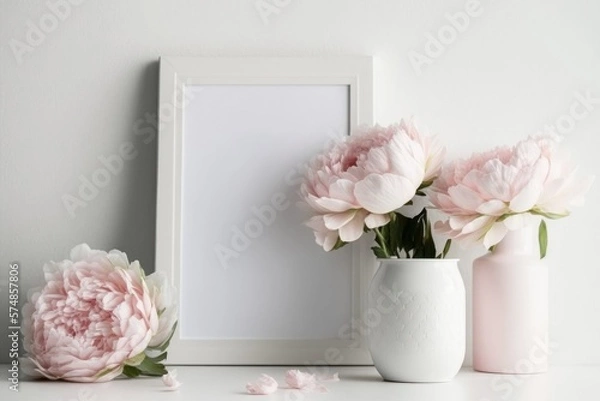 Fototapeta floral interior decoration on a white shelf. blank mock-up of a picture frame from the front. Pink peonies in a vase on a white background are lovely flowers. Generative AI