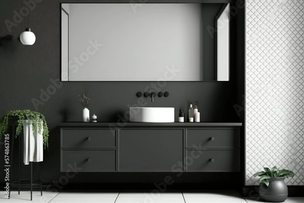 Fototapeta Front view of trendy monochromatic bathroom with dark sink cabinet, shower with glass barrier, and ceramic tiles wall background. Place for poster. a mockup. Generative AI