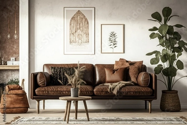Obraz mock-up of a Scandinavian home wall with vintage brown leather furniture. Generative AI