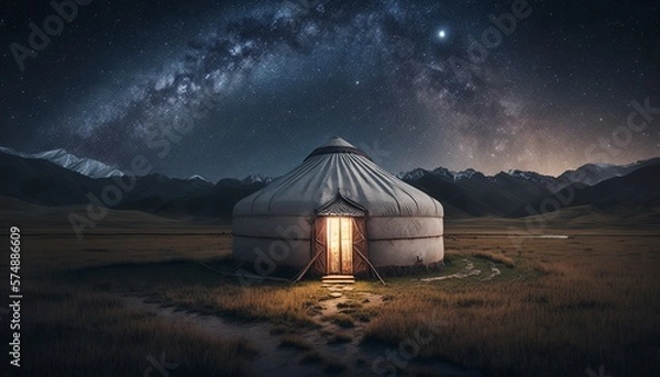 Fototapeta Traditional mongolian yurt on the fields at night with the milky way. Generative AI