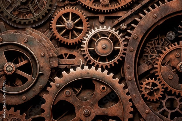 Obraz Vintage rusty Machinery gears steampunk background. Generative AI