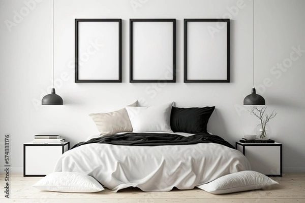 Fototapeta three imitation photo frames in a group. Over the bed in the bedroom, a vertically hung white square photo mockup with a black frame is displayed. Generative AI