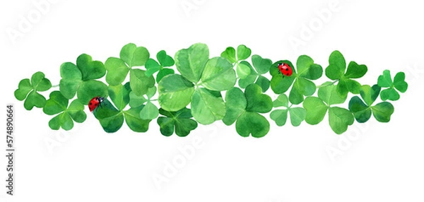 Fototapeta Watercolor drawn clover grass border with ladybugs. Botany frame Illustration with four leaves green clover & red bugs. Saint Patrick day background. Design for Ireland season holiday. Just add text.