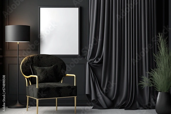 Fototapeta Curtains, armchair, blank poster, and décor in black. mockup. Generative AI