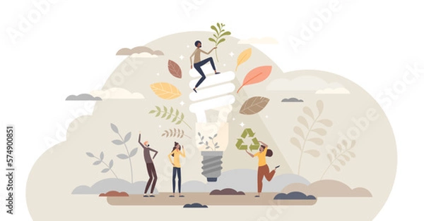 Fototapeta Energy conservation as low power lighting consumption tiny person concept, transparent background.