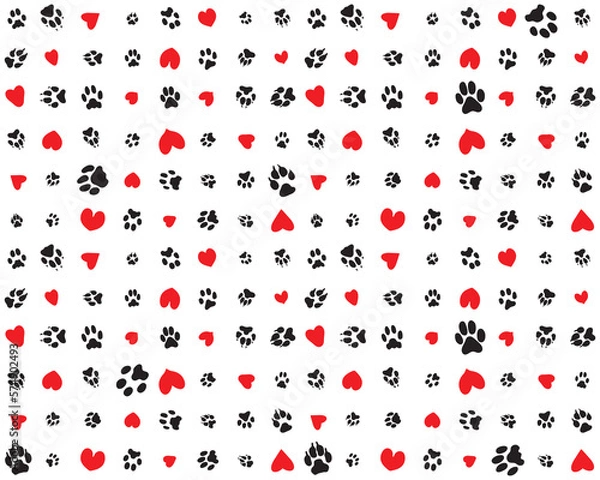 Fototapeta Seamless pattern of black footprint of dogs paws and red hearts on a white background	