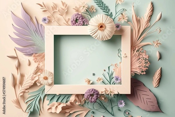 Fototapeta Empty album surrounded by flowers with generative AI