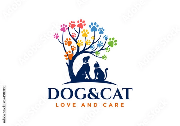 Obraz Logo illustration of dog and cat under the tree.