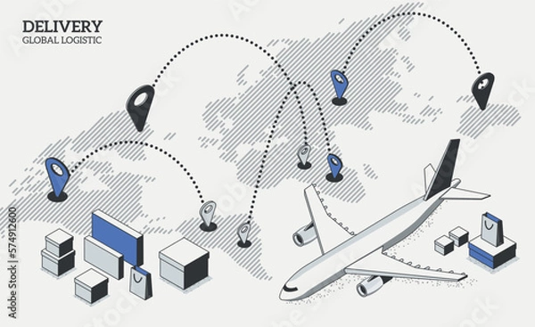 Fototapeta International logistic company worldwide operations with cargo distribution shipment and transportations. Isometric projection with a plane, parcels, and a map with locations