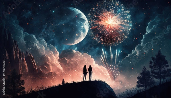 Fototapeta A Romantic Night: A Couple on a Hill, with a Breathtaking View of a Starry Sky, Shiny Moon, and Fireworks Display