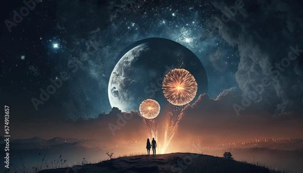 Fototapeta A Romantic Night: A Couple on a Hill, with a Breathtaking View of a Starry Sky, Shiny Moon, and Fireworks Display