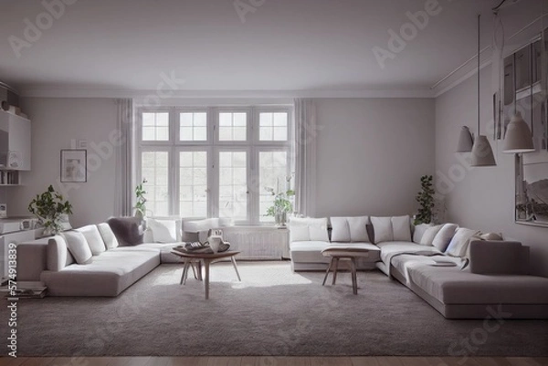 Fototapeta Stylish scandinavian living room with design mint sofa, furnitures, mock up poster map, plants and elegant personal accessories. Modern home decor. Bright and sunny room. Generative AI illustration.