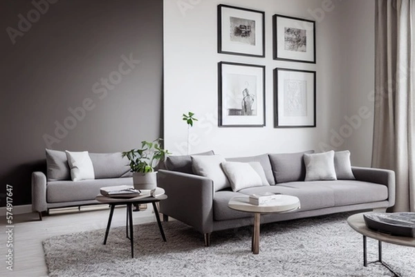 Fototapeta Stylish scandinavian living room with design mint sofa, furnitures, mock up poster map, plants and elegant personal accessories. Modern home decor. Bright and sunny room. Generative AI illustration.