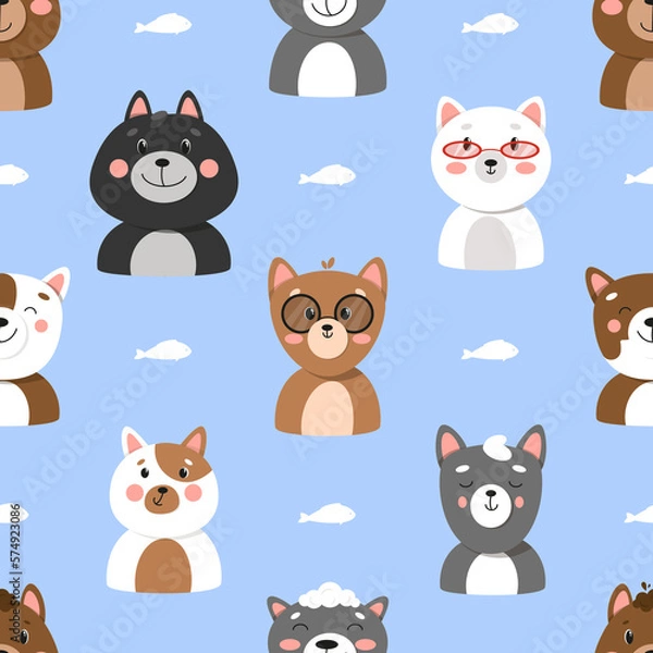 Fototapeta Set of different cats, seamless pattern with cats, cute pets pattern, different cats. illustration in flat style, cat face 