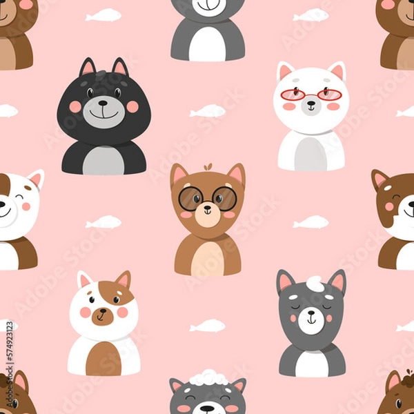 Fototapeta Set of different cats, seamless pattern with cats, cute pets pattern, different cats. illustration in flat style, cat face 