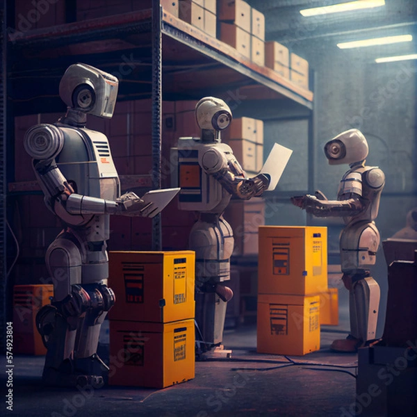 Obraz Warehouse Humanoid Robots work. 3d illustration. AI Generative
