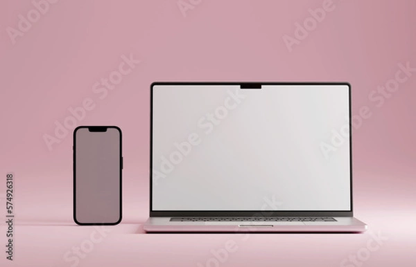 Fototapeta High end phone and laptop on pink studio backdrop. Blank mockup template screen. 