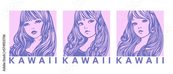 Fototapeta Vector set of portraits of gentle cute kawaii young girls with beautiful hair. White isolated background. Stickers, icons or pink emblem.