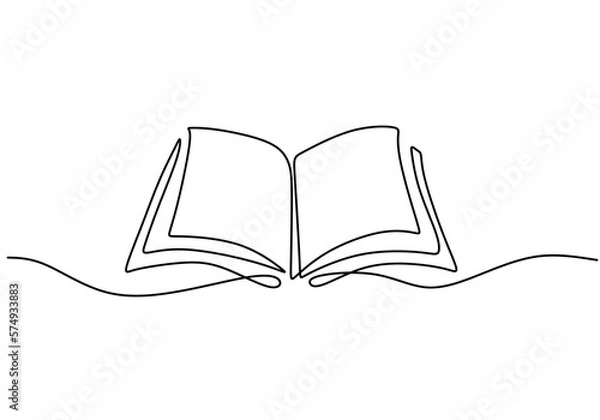 Fototapeta One line drawing of opened book isolated on white background.