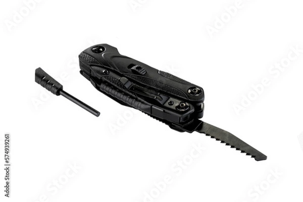 Fototapeta black open multitool saw with flint and flint isolated on white background