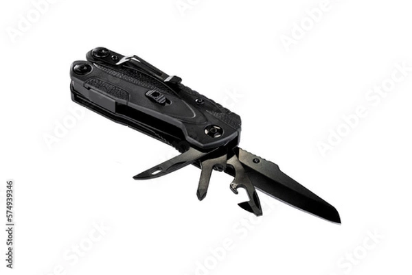 Fototapeta black opened multitool knife isolated on white background