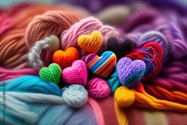 Obraz Des petits coeurs en laine de toutes les couleurs - generative AI