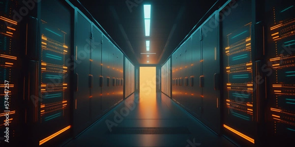 Fototapeta A vibrant image of a modern data center reveals an array of powerful servers and supercomputers, connected by high-speed cables. Technology for storage, processing of large amount data. generative ai
