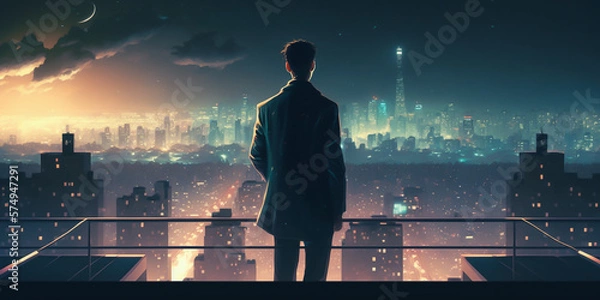 Fototapeta  A businessman stands in front of city, confidently holding his pockets in preparation for success. Ready to take on the challenge and reach his goals and vision. generative ai