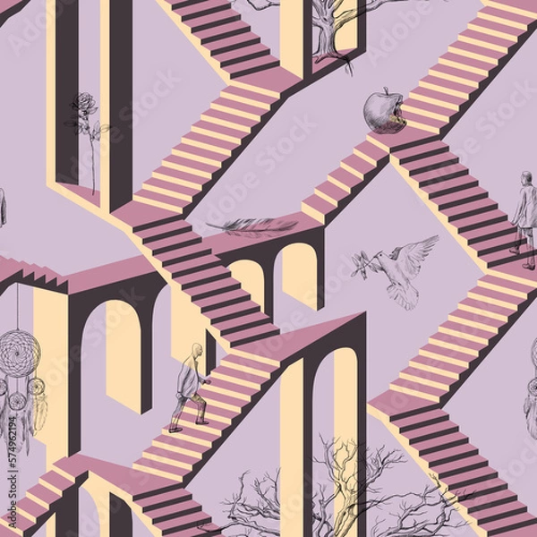 Fototapeta Seamless pattern isometry stairs arches surrealism mystical symbols