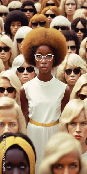 Obraz A mass of people, a huge crowd and a close up view of a young a young beautiful girl who stands out, stand out from the crowd, be different and respect differences. Generative AI.