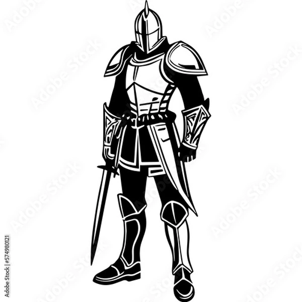 Fototapeta Medieval Knight: A Monochrome Illustration of a Warrior in Armor showcases a highly detailed drawing of a medieval knight, featuring a combination of chainmail and plate armor, complete with a helmet 