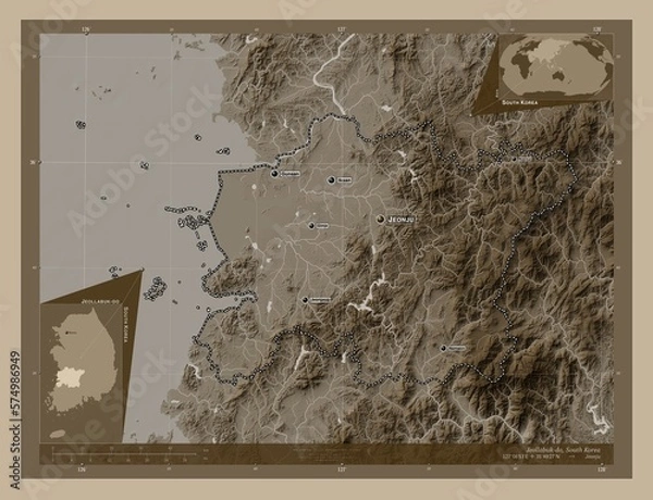 Obraz Jeollabuk-do, South Korea. Sepia. Labelled points of cities