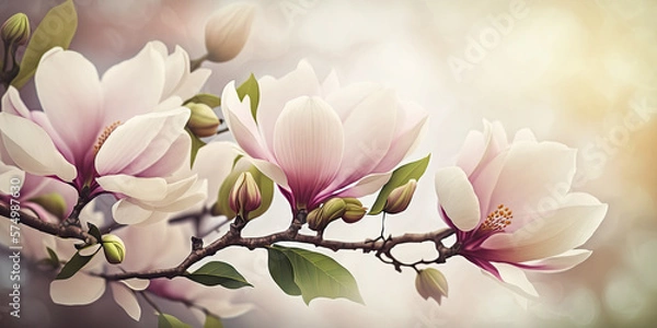 Obraz Piękny poziomy baner sprężyny z kwitnącymi gałęziami Magnolia. Duże kwiaty. Selektywne skupienie. Spring Time Outdoor Tło. Obraz generatywny AI.